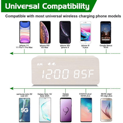 Digital Wooden Alarm Clock With Wireless Charging For Phone, 0-100% Dimmer, Dual Alarm, Weekend Mode, Snooze, Wood LED Clocks For Bedroom, Bedside, Desk