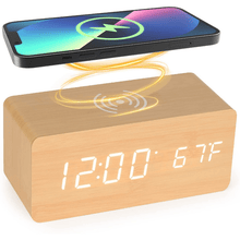 Load image into Gallery viewer, Digital Wooden Alarm Clock With Wireless Charging For Phone, 0-100% Dimmer, Dual Alarm, Weekend Mode, Snooze, Wood LED Clocks For Bedroom, Bedside, Desk
