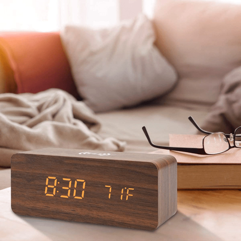 Digital Wooden Alarm Clock With Wireless Charging For Phone, 0-100% Dimmer, Dual Alarm, Weekend Mode, Snooze, Wood LED Clocks For Bedroom, Bedside, Desk