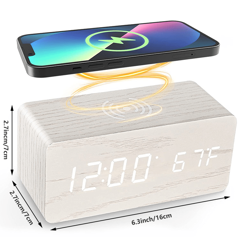 Digital Wooden Alarm Clock With Wireless Charging For Phone, 0-100% Dimmer, Dual Alarm, Weekend Mode, Snooze, Wood LED Clocks For Bedroom, Bedside, Desk