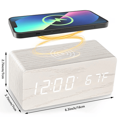 Digital Wooden Alarm Clock With Wireless Charging For Phone, 0-100% Dimmer, Dual Alarm, Weekend Mode, Snooze, Wood LED Clocks For Bedroom, Bedside, Desk