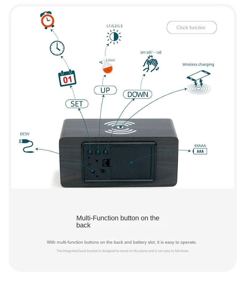 Digital Wooden Alarm Clock With Wireless Charging For Phone, 0-100% Dimmer, Dual Alarm, Weekend Mode, Snooze, Wood LED Clocks For Bedroom, Bedside, Desk