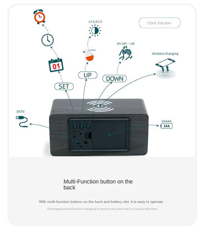 Digital Wooden Alarm Clock With Wireless Charging For Phone, 0-100% Dimmer, Dual Alarm, Weekend Mode, Snooze, Wood LED Clocks For Bedroom, Bedside, Desk