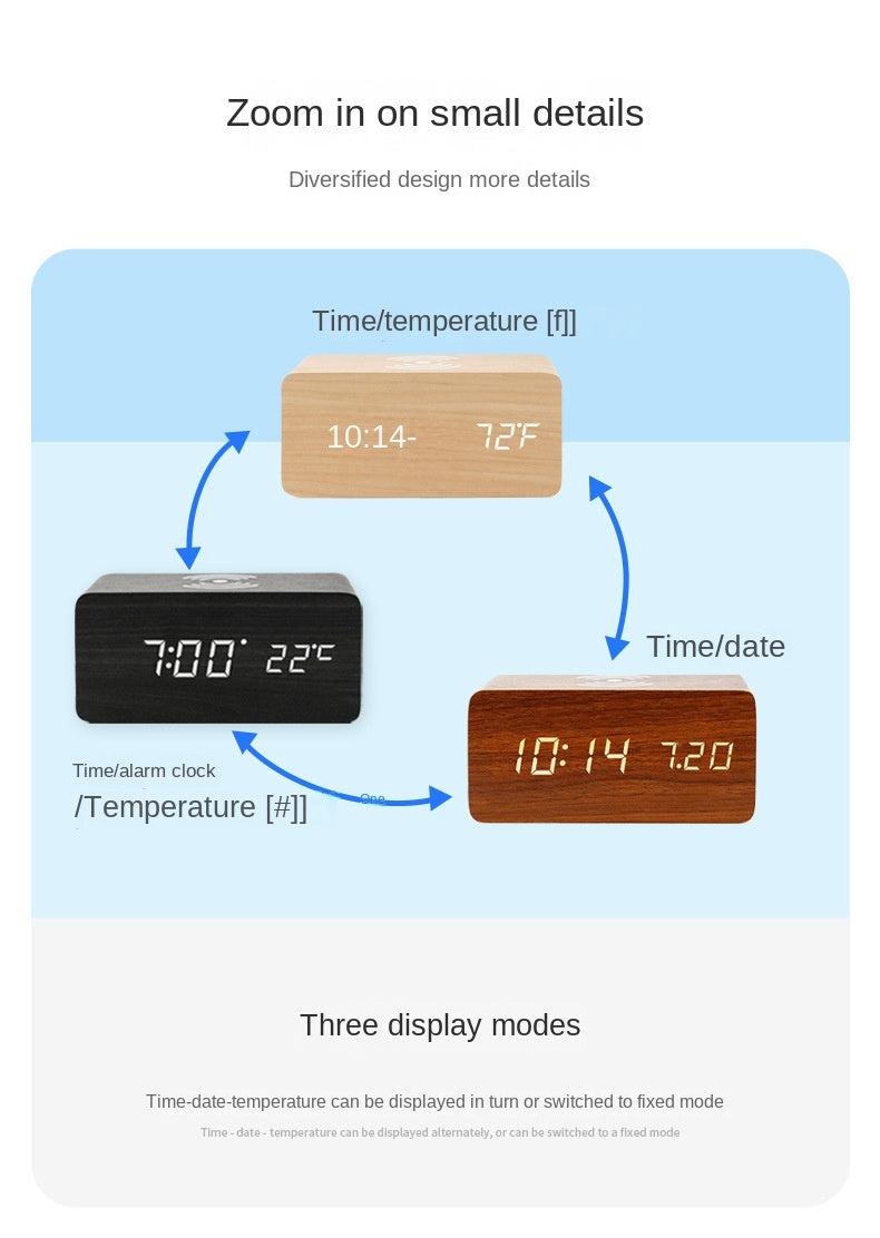 Digital Wooden Alarm Clock With Wireless Charging For Phone, 0-100% Dimmer, Dual Alarm, Weekend Mode, Snooze, Wood LED Clocks For Bedroom, Bedside, Desk