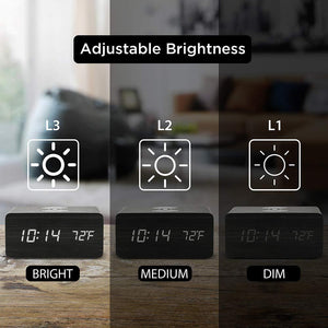 Digital Wooden Alarm Clock With Wireless Charging For Phone, 0-100% Dimmer, Dual Alarm, Weekend Mode, Snooze, Wood LED Clocks For Bedroom, Bedside, Desk
