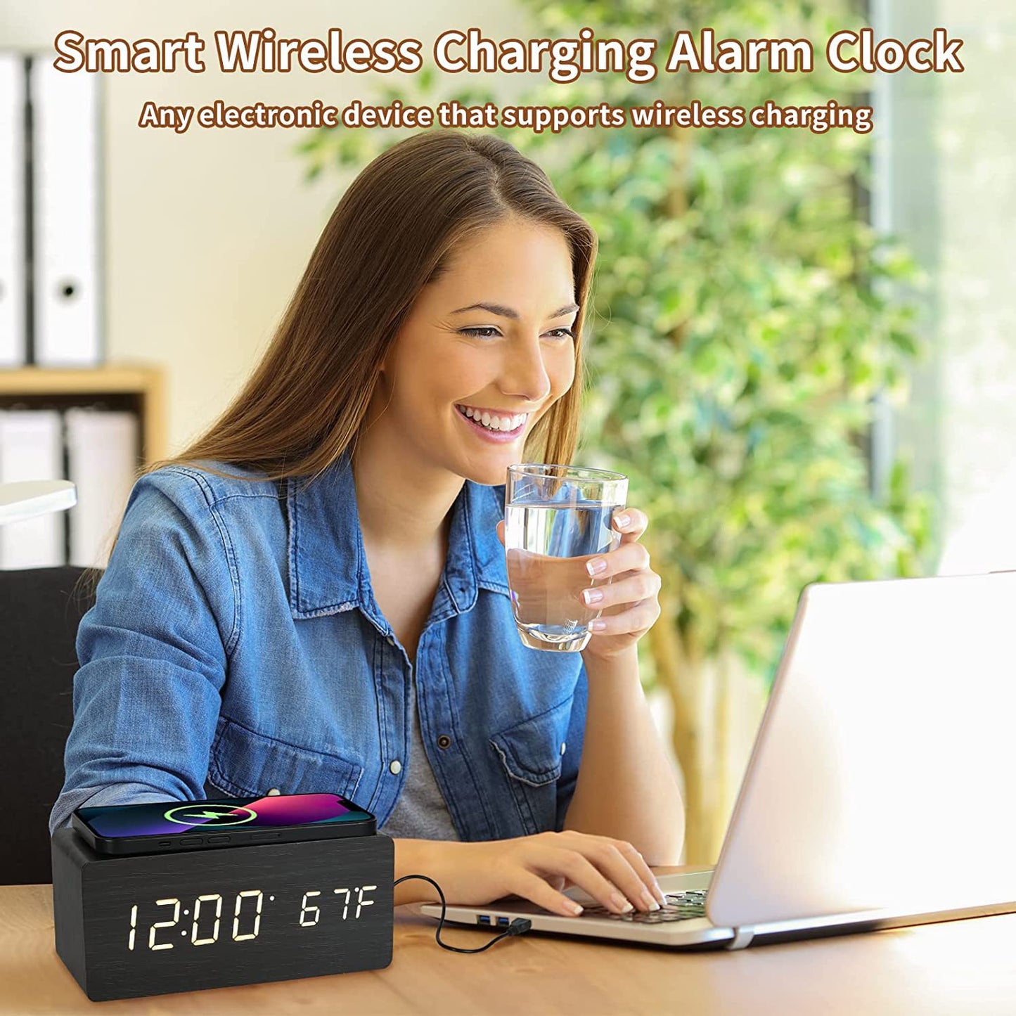 Digital Wooden Alarm Clock With Wireless Charging For Phone, 0-100% Dimmer, Dual Alarm, Weekend Mode, Snooze, Wood LED Clocks For Bedroom, Bedside, Desk