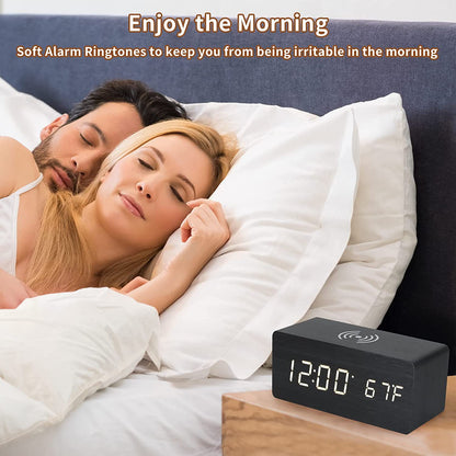 Digital Wooden Alarm Clock With Wireless Charging For Phone, 0-100% Dimmer, Dual Alarm, Weekend Mode, Snooze, Wood LED Clocks For Bedroom, Bedside, Desk