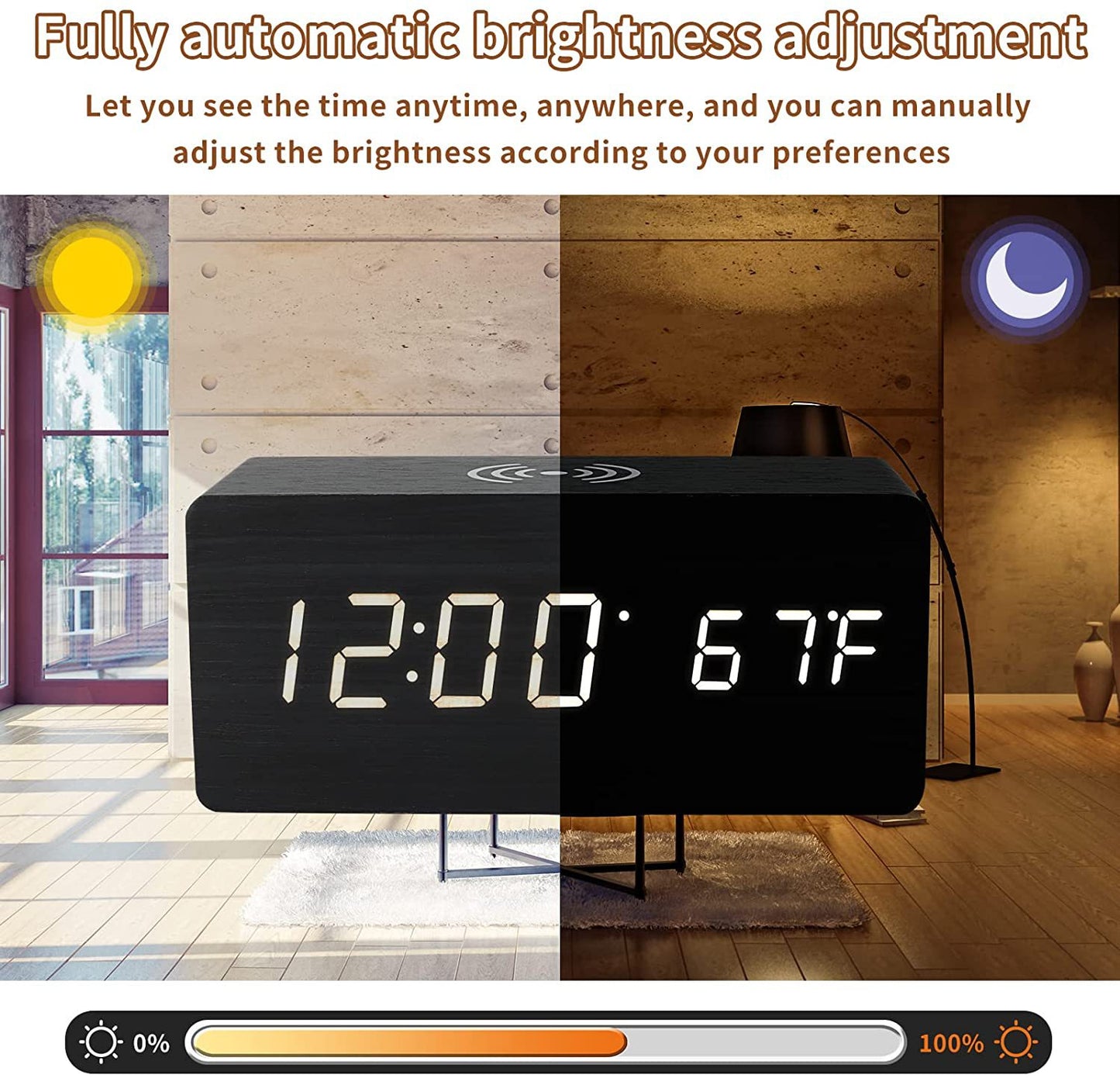 Digital Wooden Alarm Clock With Wireless Charging For Phone, 0-100% Dimmer, Dual Alarm, Weekend Mode, Snooze, Wood LED Clocks For Bedroom, Bedside, Desk