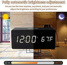 Load image into Gallery viewer, Digital Wooden Alarm Clock With Wireless Charging For Phone, 0-100% Dimmer, Dual Alarm, Weekend Mode, Snooze, Wood LED Clocks For Bedroom, Bedside, Desk
