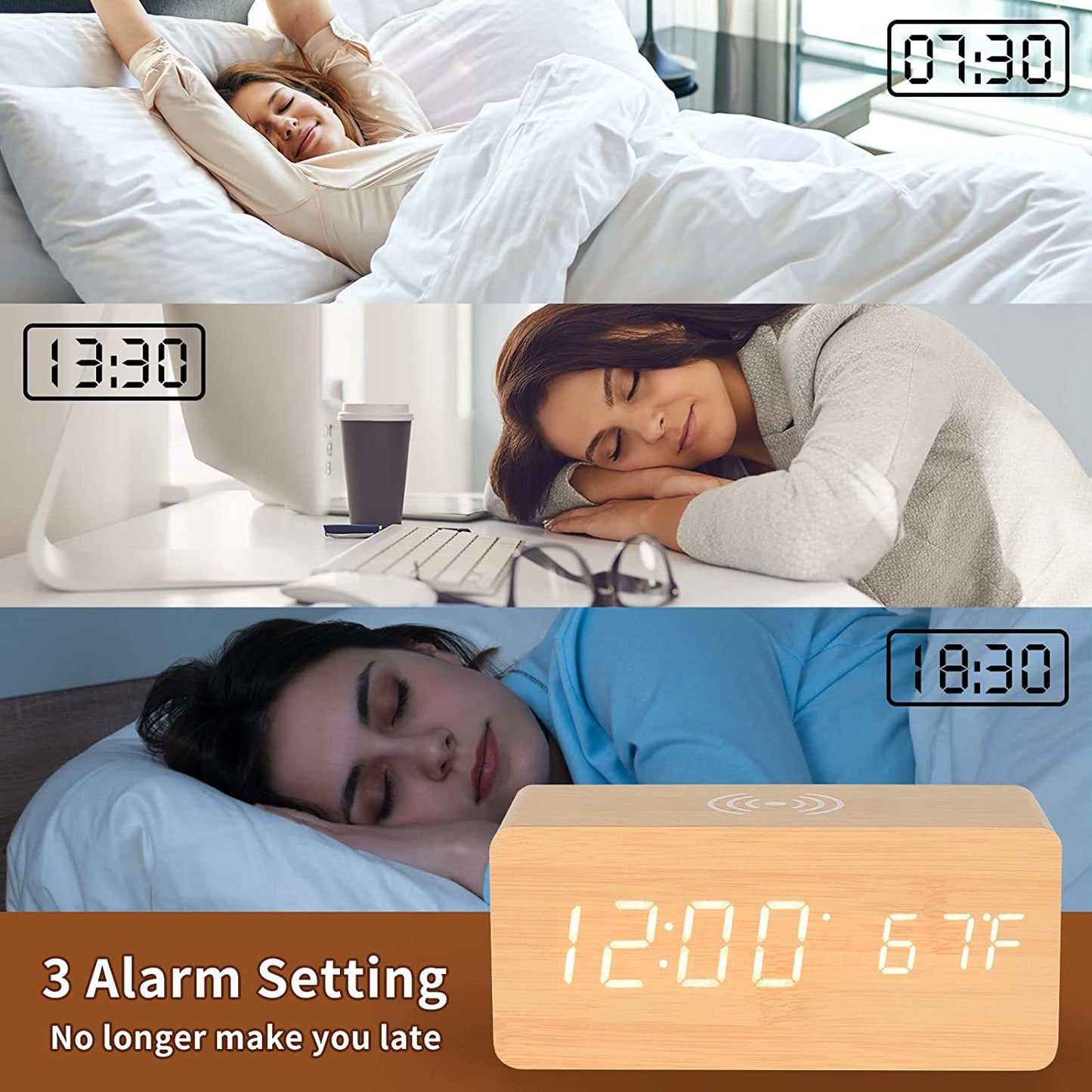 Digital Wooden Alarm Clock With Wireless Charging For Phone, 0-100% Dimmer, Dual Alarm, Weekend Mode, Snooze, Wood LED Clocks For Bedroom, Bedside, Desk