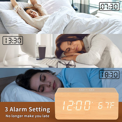 Digital Wooden Alarm Clock With Wireless Charging For Phone, 0-100% Dimmer, Dual Alarm, Weekend Mode, Snooze, Wood LED Clocks For Bedroom, Bedside, Desk