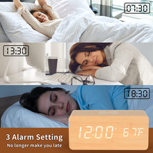 Load image into Gallery viewer, Digital Wooden Alarm Clock With Wireless Charging For Phone, 0-100% Dimmer, Dual Alarm, Weekend Mode, Snooze, Wood LED Clocks For Bedroom, Bedside, Desk
