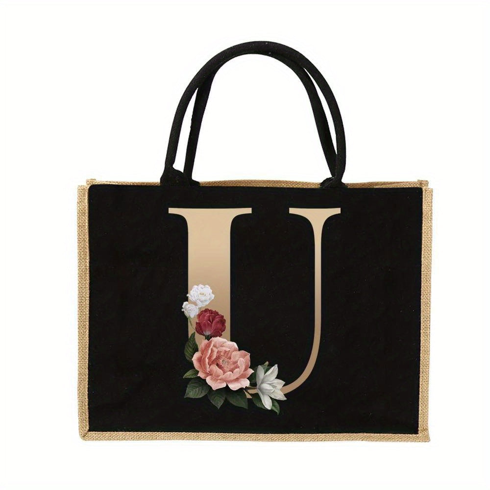 Women'S Reusable Jute Tote Bags with Floral Print - Large Capacity Shopping Bags, Black with Golden Letters (K, M, I, N), Durable Shoulder Bags for Groceries & Shopping, Shopping Bag|Decorative Tote|Durable Handle, Tote Bag