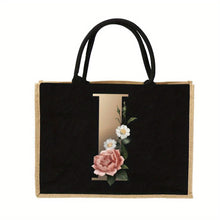 Load image into Gallery viewer, Women'S Reusable Jute Tote Bags with Floral Print - Large Capacity Shopping Bags, Black with Golden Letters (K, M, I, N), Durable Shoulder Bags for Groceries &amp; Shopping, Shopping Bag|Decorative Tote|Durable Handle, Tote Bag
