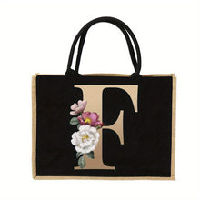 Load image into Gallery viewer, Women'S Reusable Jute Tote Bags with Floral Print - Large Capacity Shopping Bags, Black with Golden Letters (K, M, I, N), Durable Shoulder Bags for Groceries &amp; Shopping, Shopping Bag|Decorative Tote|Durable Handle, Tote Bag
