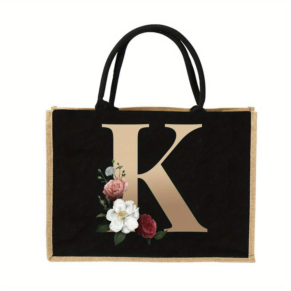 Women'S Reusable Jute Tote Bags with Floral Print - Large Capacity Shopping Bags, Black with Golden Letters (K, M, I, N), Durable Shoulder Bags for Groceries & Shopping, Shopping Bag|Decorative Tote|Durable Handle, Tote Bag