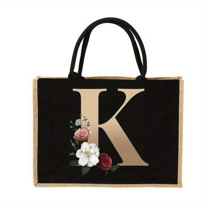 Women'S Reusable Jute Tote Bags with Floral Print - Large Capacity Shopping Bags, Black with Golden Letters (K, M, I, N), Durable Shoulder Bags for Groceries & Shopping, Shopping Bag|Decorative Tote|Durable Handle, Tote Bag