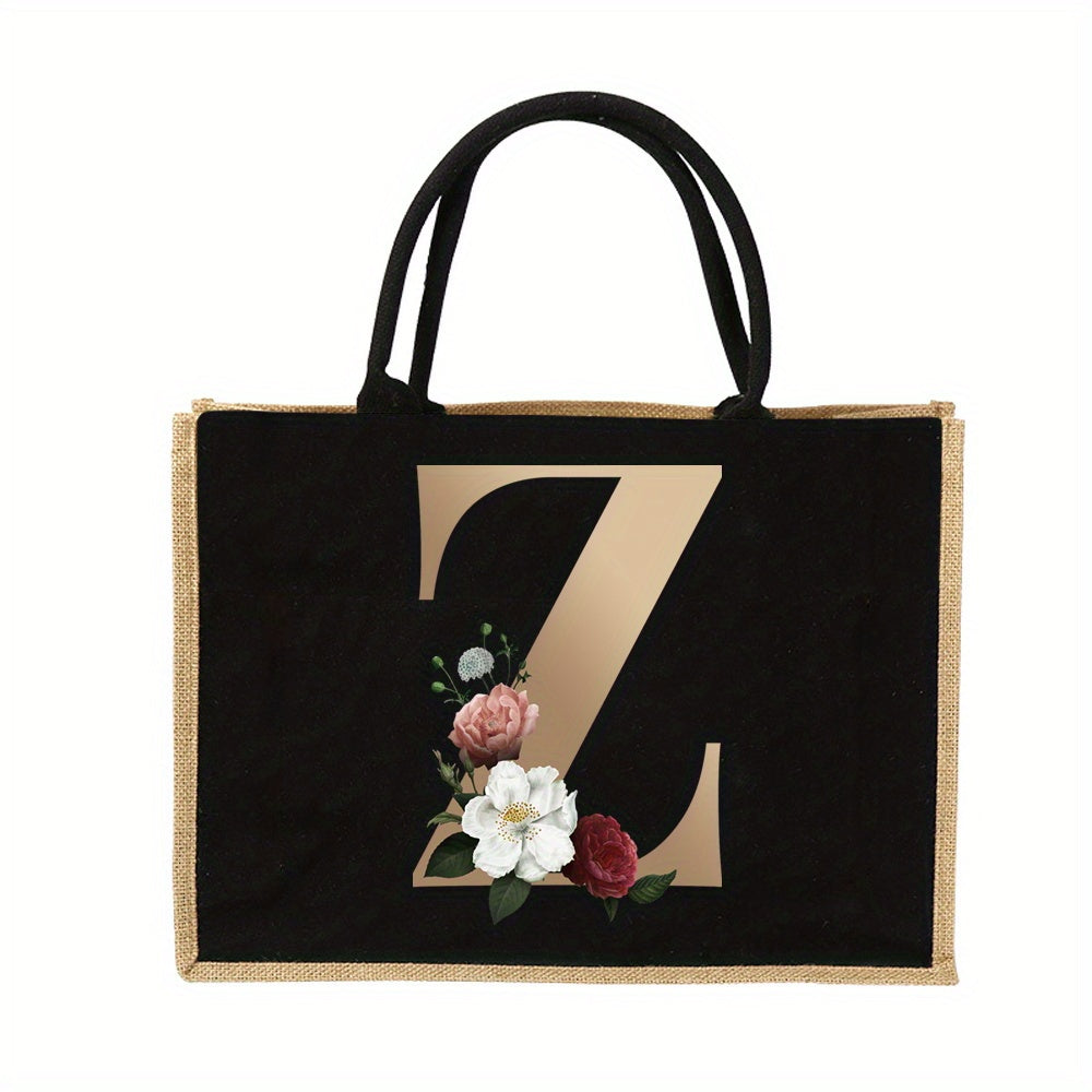 Women'S Reusable Jute Tote Bags with Floral Print - Large Capacity Shopping Bags, Black with Golden Letters (K, M, I, N), Durable Shoulder Bags for Groceries & Shopping, Shopping Bag|Decorative Tote|Durable Handle, Tote Bag