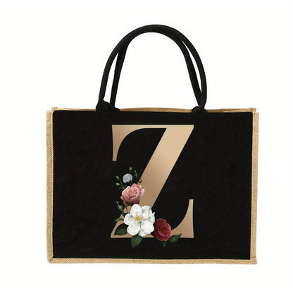 Women'S Reusable Jute Tote Bags with Floral Print - Large Capacity Shopping Bags, Black with Golden Letters (K, M, I, N), Durable Shoulder Bags for Groceries & Shopping, Shopping Bag|Decorative Tote|Durable Handle, Tote Bag
