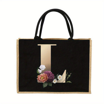 Women'S Reusable Jute Tote Bags with Floral Print - Large Capacity Shopping Bags, Black with Golden Letters (K, M, I, N), Durable Shoulder Bags for Groceries & Shopping, Shopping Bag|Decorative Tote|Durable Handle, Tote Bag