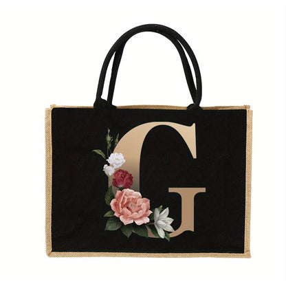 Women'S Reusable Jute Tote Bags with Floral Print - Large Capacity Shopping Bags, Black with Golden Letters (K, M, I, N), Durable Shoulder Bags for Groceries & Shopping, Shopping Bag|Decorative Tote|Durable Handle, Tote Bag