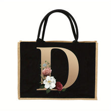 Load image into Gallery viewer, Women'S Reusable Jute Tote Bags with Floral Print - Large Capacity Shopping Bags, Black with Golden Letters (K, M, I, N), Durable Shoulder Bags for Groceries &amp; Shopping, Shopping Bag|Decorative Tote|Durable Handle, Tote Bag
