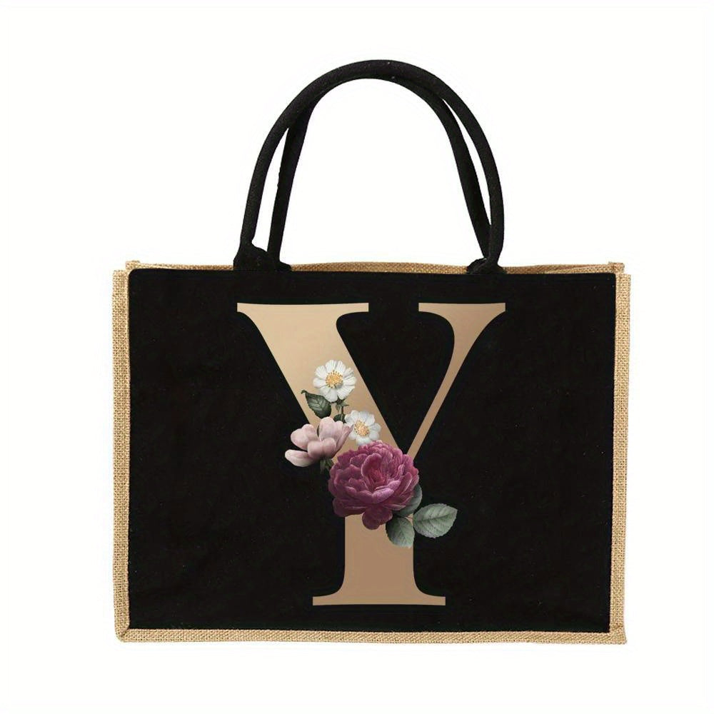 Women'S Reusable Jute Tote Bags with Floral Print - Large Capacity Shopping Bags, Black with Golden Letters (K, M, I, N), Durable Shoulder Bags for Groceries & Shopping, Shopping Bag|Decorative Tote|Durable Handle, Tote Bag
