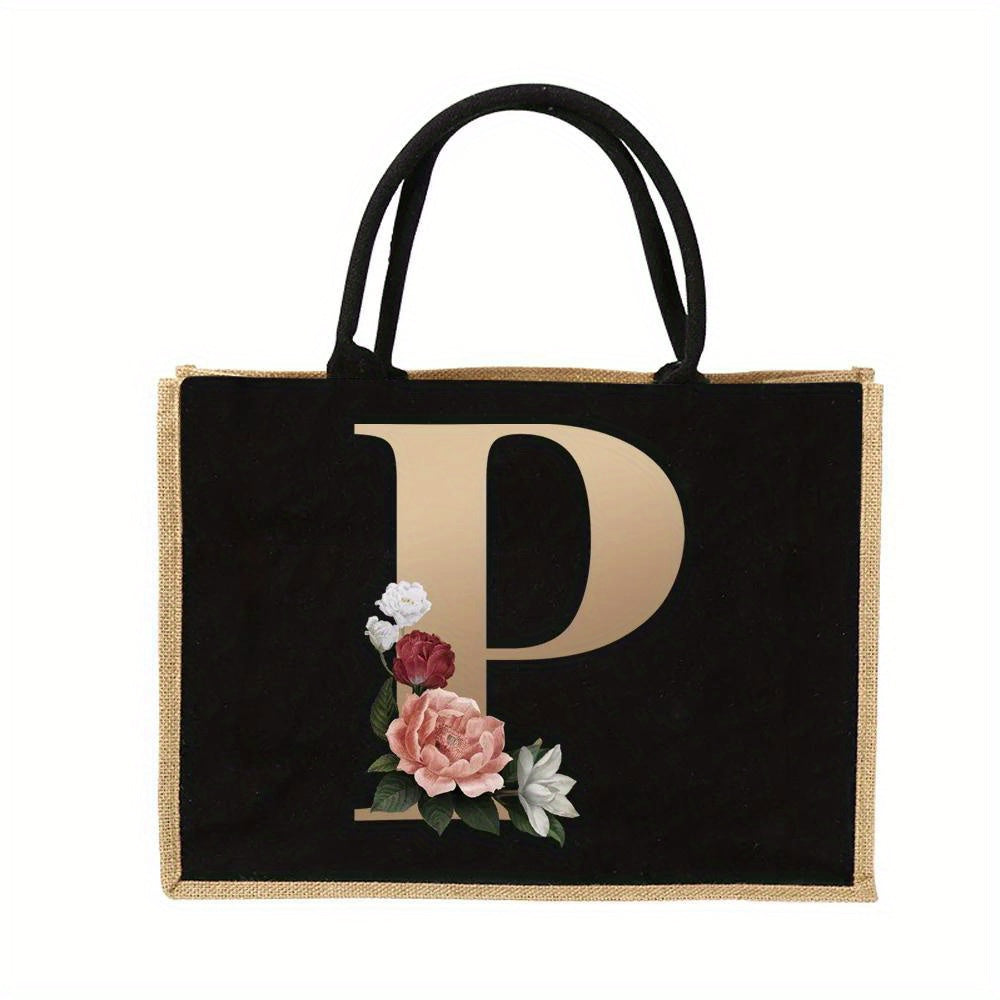 Women'S Reusable Jute Tote Bags with Floral Print - Large Capacity Shopping Bags, Black with Golden Letters (K, M, I, N), Durable Shoulder Bags for Groceries & Shopping, Shopping Bag|Decorative Tote|Durable Handle, Tote Bag