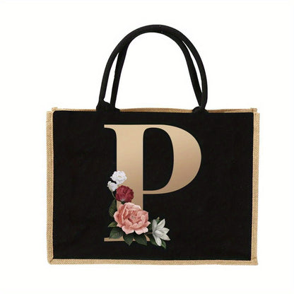 Women'S Reusable Jute Tote Bags with Floral Print - Large Capacity Shopping Bags, Black with Golden Letters (K, M, I, N), Durable Shoulder Bags for Groceries & Shopping, Shopping Bag|Decorative Tote|Durable Handle, Tote Bag