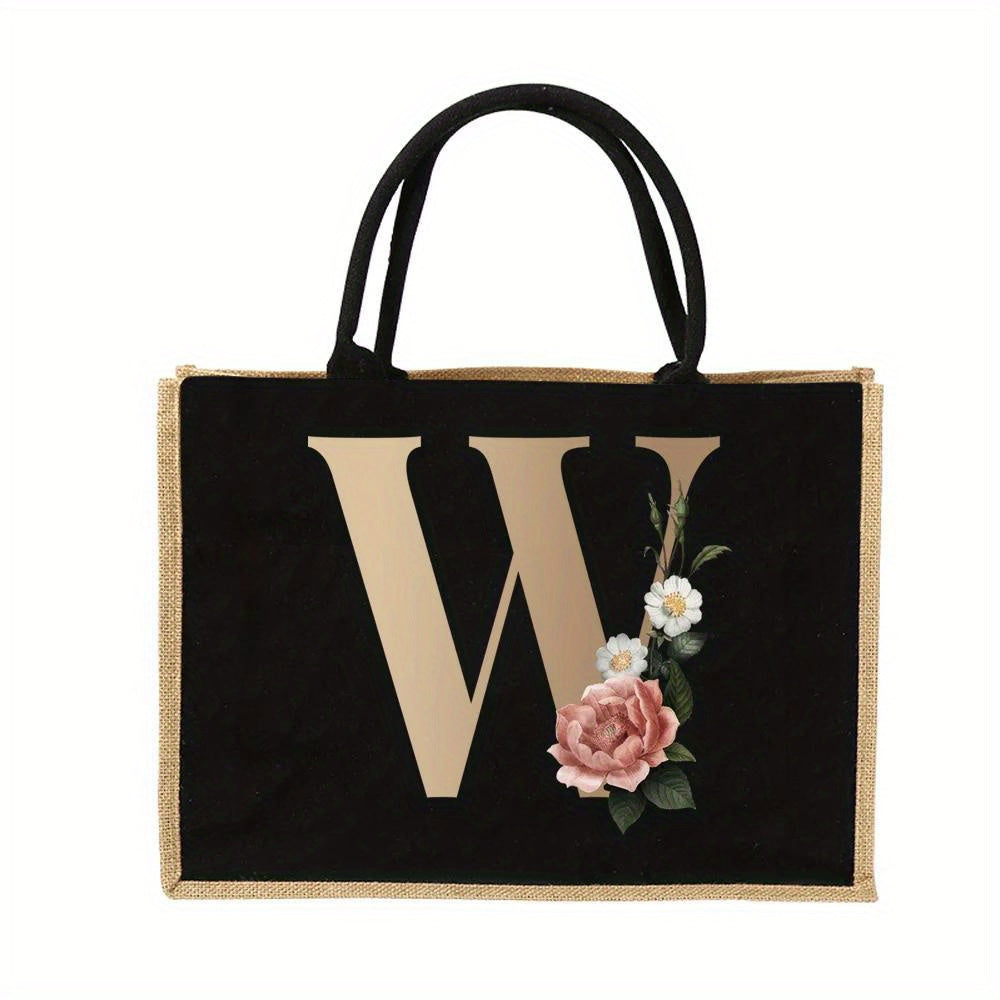 Women'S Reusable Jute Tote Bags with Floral Print - Large Capacity Shopping Bags, Black with Golden Letters (K, M, I, N), Durable Shoulder Bags for Groceries & Shopping, Shopping Bag|Decorative Tote|Durable Handle, Tote Bag