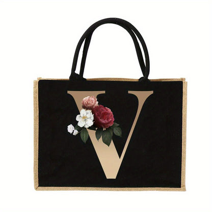 Women'S Reusable Jute Tote Bags with Floral Print - Large Capacity Shopping Bags, Black with Golden Letters (K, M, I, N), Durable Shoulder Bags for Groceries & Shopping, Shopping Bag|Decorative Tote|Durable Handle, Tote Bag