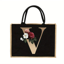 Load image into Gallery viewer, Women'S Reusable Jute Tote Bags with Floral Print - Large Capacity Shopping Bags, Black with Golden Letters (K, M, I, N), Durable Shoulder Bags for Groceries &amp; Shopping, Shopping Bag|Decorative Tote|Durable Handle, Tote Bag
