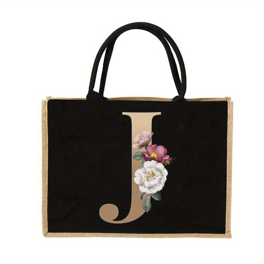 Women'S Reusable Jute Tote Bags with Floral Print - Large Capacity Shopping Bags, Black with Golden Letters (K, M, I, N), Durable Shoulder Bags for Groceries & Shopping, Shopping Bag|Decorative Tote|Durable Handle, Tote Bag