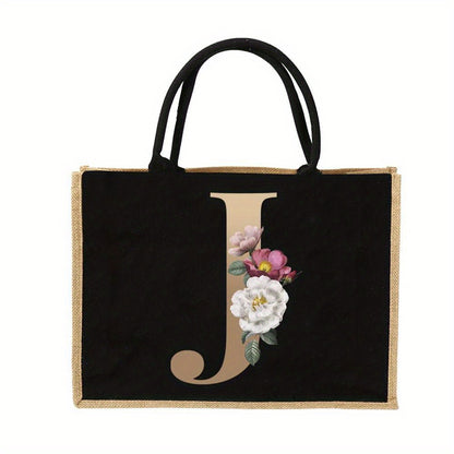 Women'S Reusable Jute Tote Bags with Floral Print - Large Capacity Shopping Bags, Black with Golden Letters (K, M, I, N), Durable Shoulder Bags for Groceries & Shopping, Shopping Bag|Decorative Tote|Durable Handle, Tote Bag