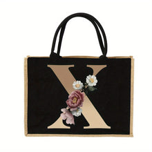 Load image into Gallery viewer, Women'S Reusable Jute Tote Bags with Floral Print - Large Capacity Shopping Bags, Black with Golden Letters (K, M, I, N), Durable Shoulder Bags for Groceries &amp; Shopping, Shopping Bag|Decorative Tote|Durable Handle, Tote Bag
