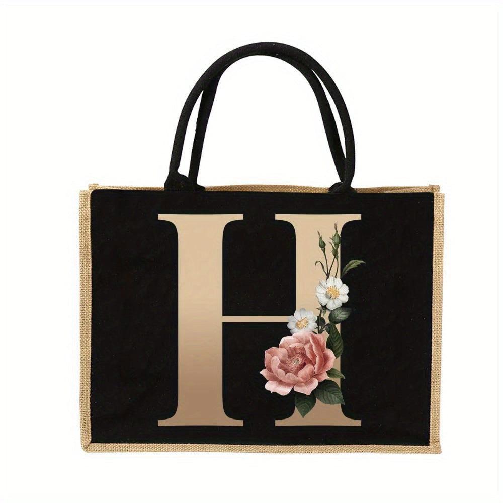 Women'S Reusable Jute Tote Bags with Floral Print - Large Capacity Shopping Bags, Black with Golden Letters (K, M, I, N), Durable Shoulder Bags for Groceries & Shopping, Shopping Bag|Decorative Tote|Durable Handle, Tote Bag