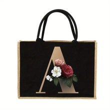 Load image into Gallery viewer, Women'S Reusable Jute Tote Bags with Floral Print - Large Capacity Shopping Bags, Black with Golden Letters (K, M, I, N), Durable Shoulder Bags for Groceries &amp; Shopping, Shopping Bag|Decorative Tote|Durable Handle, Tote Bag
