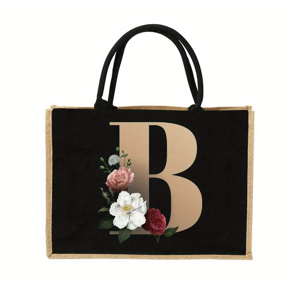 Women'S Reusable Jute Tote Bags with Floral Print - Large Capacity Shopping Bags, Black with Golden Letters (K, M, I, N), Durable Shoulder Bags for Groceries & Shopping, Shopping Bag|Decorative Tote|Durable Handle, Tote Bag