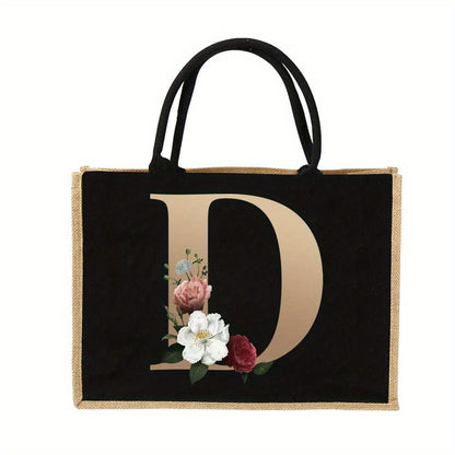 Women'S Reusable Jute Tote Bags with Floral Print - Large Capacity Shopping Bags, Black with Golden Letters (K, M, I, N), Durable Shoulder Bags for Groceries & Shopping, Shopping Bag|Decorative Tote|Durable Handle, Tote Bag