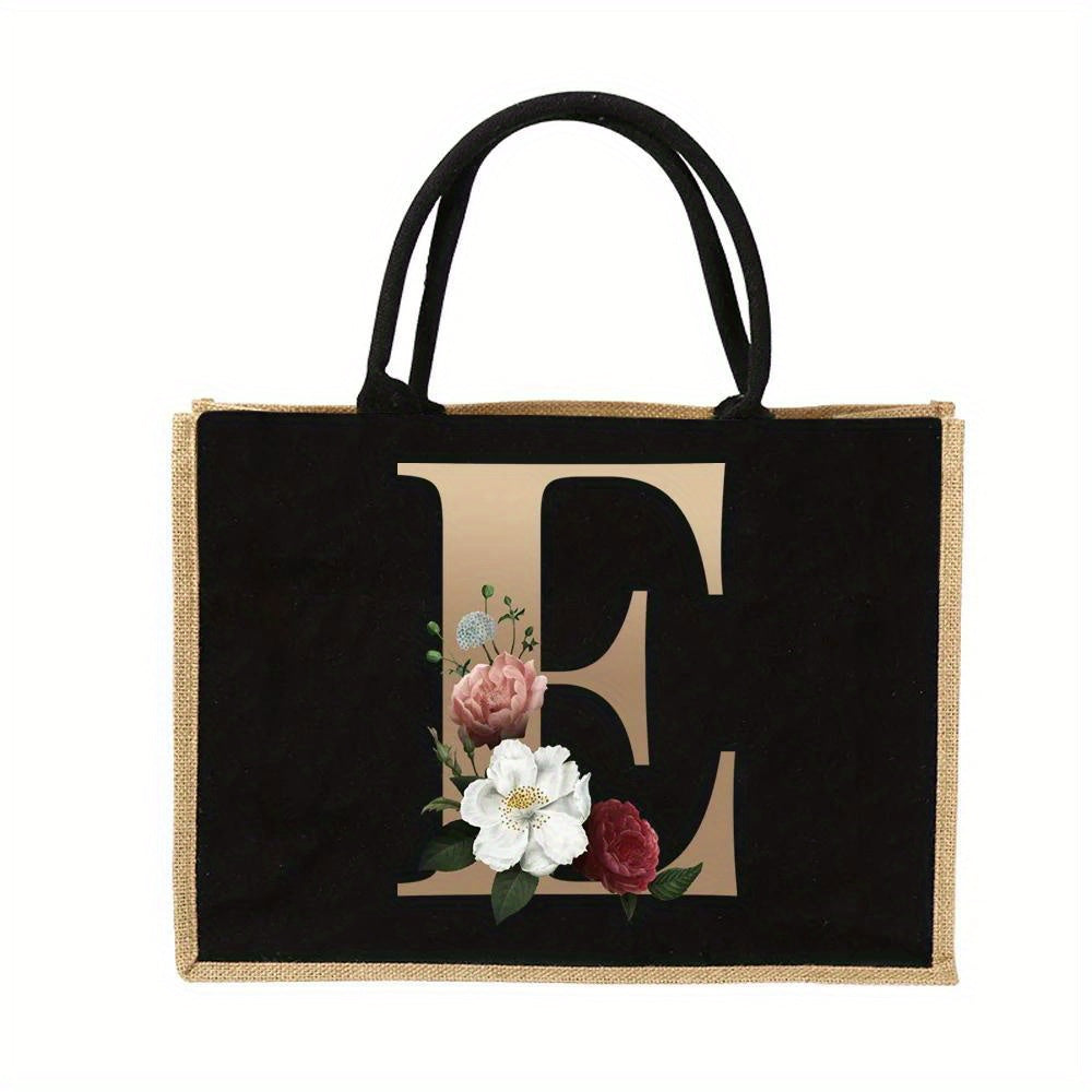 Women'S Reusable Jute Tote Bags with Floral Print - Large Capacity Shopping Bags, Black with Golden Letters (K, M, I, N), Durable Shoulder Bags for Groceries & Shopping, Shopping Bag|Decorative Tote|Durable Handle, Tote Bag