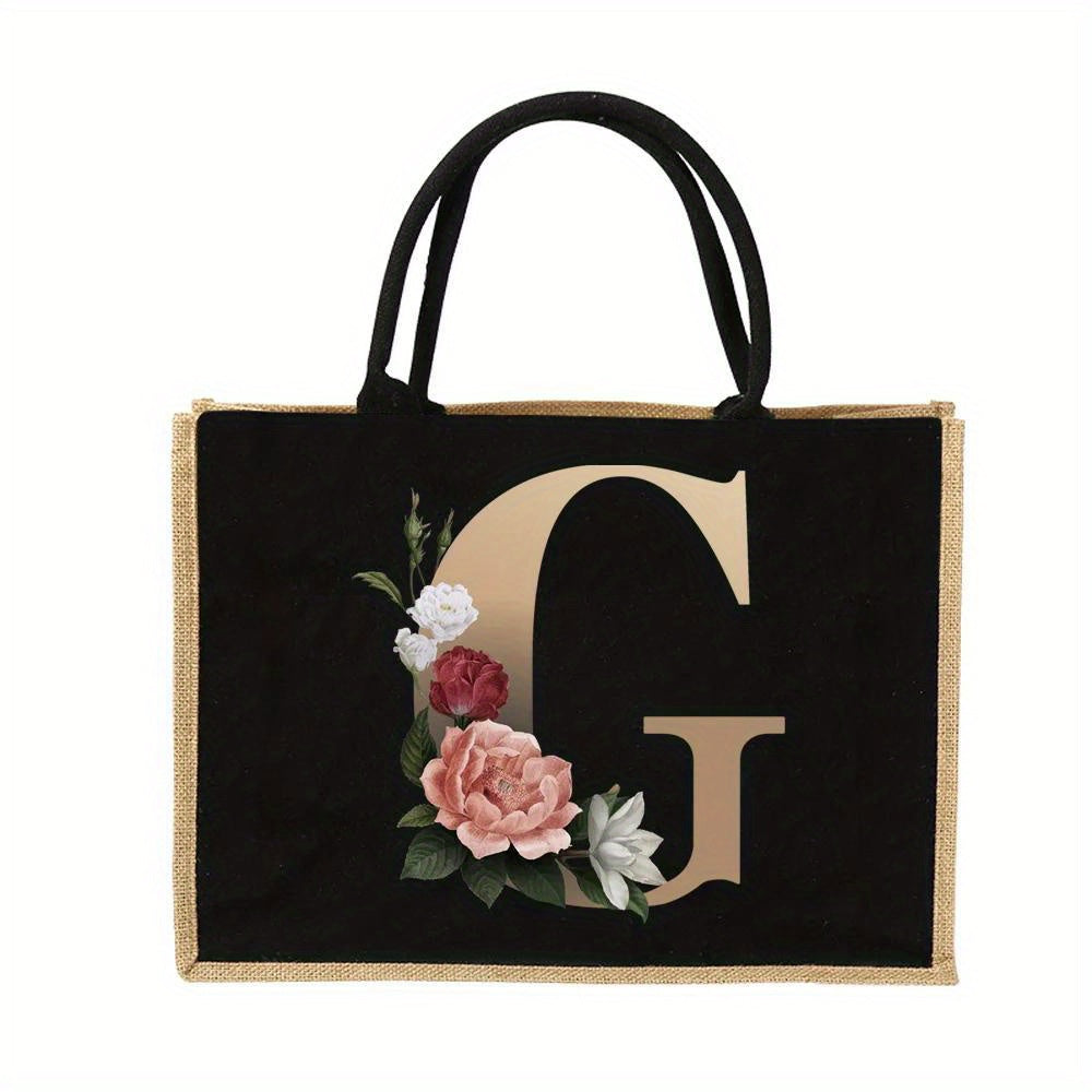 Women'S Reusable Jute Tote Bags with Floral Print - Large Capacity Shopping Bags, Black with Golden Letters (K, M, I, N), Durable Shoulder Bags for Groceries & Shopping, Shopping Bag|Decorative Tote|Durable Handle, Tote Bag