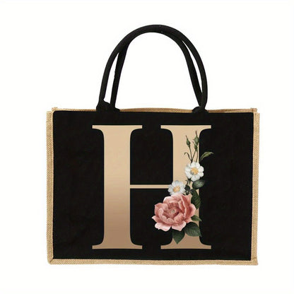 Women'S Reusable Jute Tote Bags with Floral Print - Large Capacity Shopping Bags, Black with Golden Letters (K, M, I, N), Durable Shoulder Bags for Groceries & Shopping, Shopping Bag|Decorative Tote|Durable Handle, Tote Bag