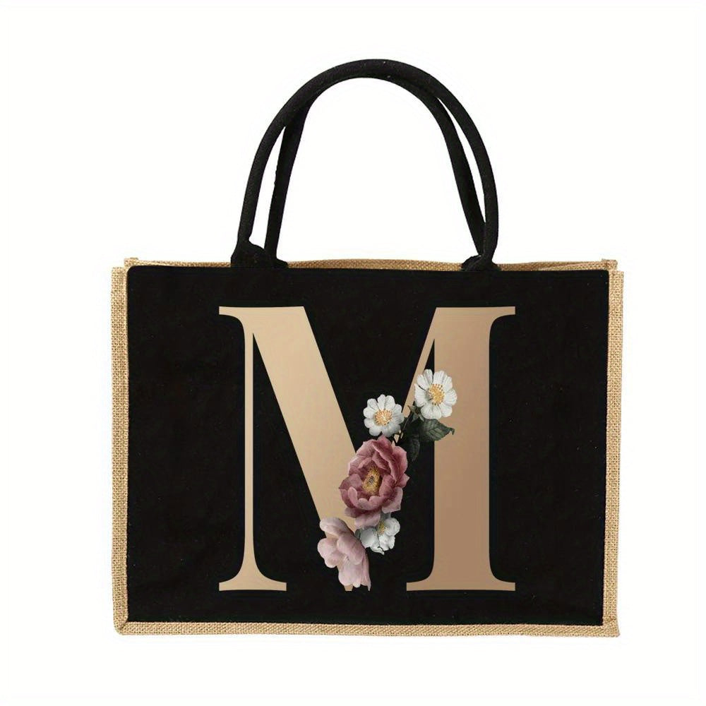 Women'S Reusable Jute Tote Bags with Floral Print - Large Capacity Shopping Bags, Black with Golden Letters (K, M, I, N), Durable Shoulder Bags for Groceries & Shopping, Shopping Bag|Decorative Tote|Durable Handle, Tote Bag