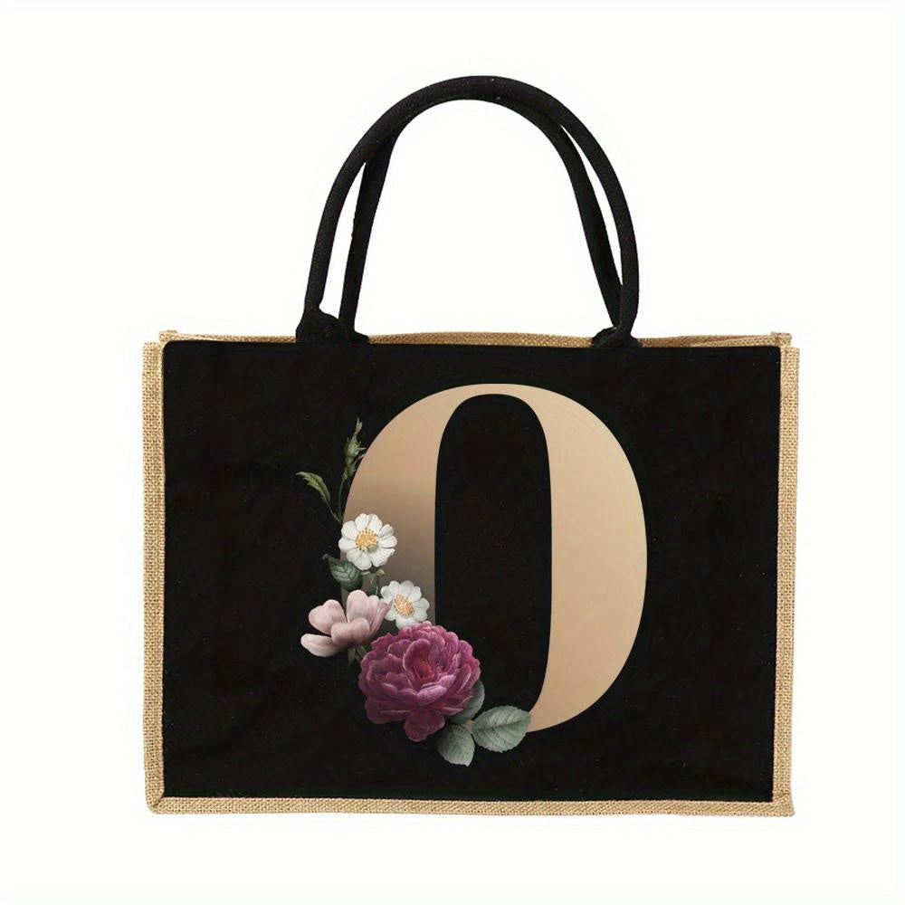 Women'S Reusable Jute Tote Bags with Floral Print - Large Capacity Shopping Bags, Black with Golden Letters (K, M, I, N), Durable Shoulder Bags for Groceries & Shopping, Shopping Bag|Decorative Tote|Durable Handle, Tote Bag