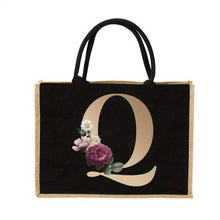 Load image into Gallery viewer, Women'S Reusable Jute Tote Bags with Floral Print - Large Capacity Shopping Bags, Black with Golden Letters (K, M, I, N), Durable Shoulder Bags for Groceries &amp; Shopping, Shopping Bag|Decorative Tote|Durable Handle, Tote Bag
