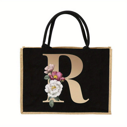 Women'S Reusable Jute Tote Bags with Floral Print - Large Capacity Shopping Bags, Black with Golden Letters (K, M, I, N), Durable Shoulder Bags for Groceries & Shopping, Shopping Bag|Decorative Tote|Durable Handle, Tote Bag