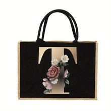 Load image into Gallery viewer, Women'S Reusable Jute Tote Bags with Floral Print - Large Capacity Shopping Bags, Black with Golden Letters (K, M, I, N), Durable Shoulder Bags for Groceries &amp; Shopping, Shopping Bag|Decorative Tote|Durable Handle, Tote Bag

