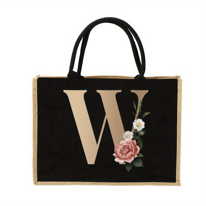 Women'S Reusable Jute Tote Bags with Floral Print - Large Capacity Shopping Bags, Black with Golden Letters (K, M, I, N), Durable Shoulder Bags for Groceries & Shopping, Shopping Bag|Decorative Tote|Durable Handle, Tote Bag