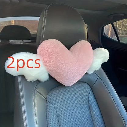 [2pcs Comfortable Heart-Shaped Pillows] 2pcs Plush Heart-Shaped Car Headrest Pillows with Angel Wings - Comfortable Neck Support Cushions for Car Seats - Fashionable Fabric Interior Car Accessories for Women