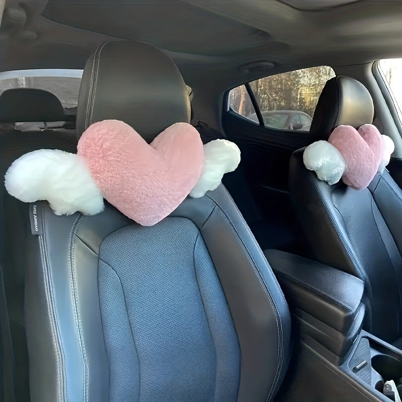 [2pcs Comfortable Heart-Shaped Pillows] 2pcs Plush Heart-Shaped Car Headrest Pillows with Angel Wings - Comfortable Neck Support Cushions for Car Seats - Fashionable Fabric Interior Car Accessories for Women